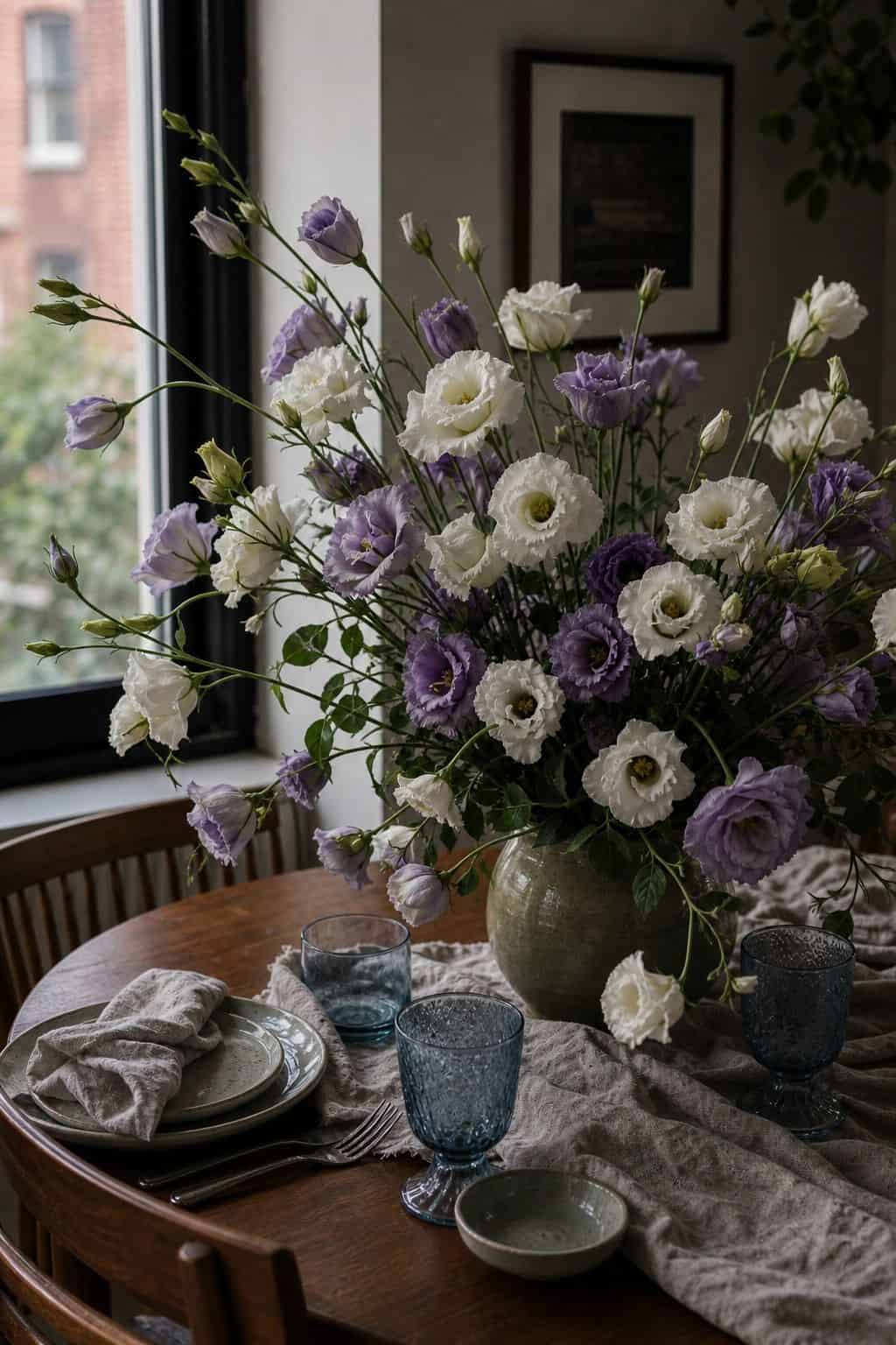 White and lavender lisianthus styled as airy garden wedding flowers on a dining table