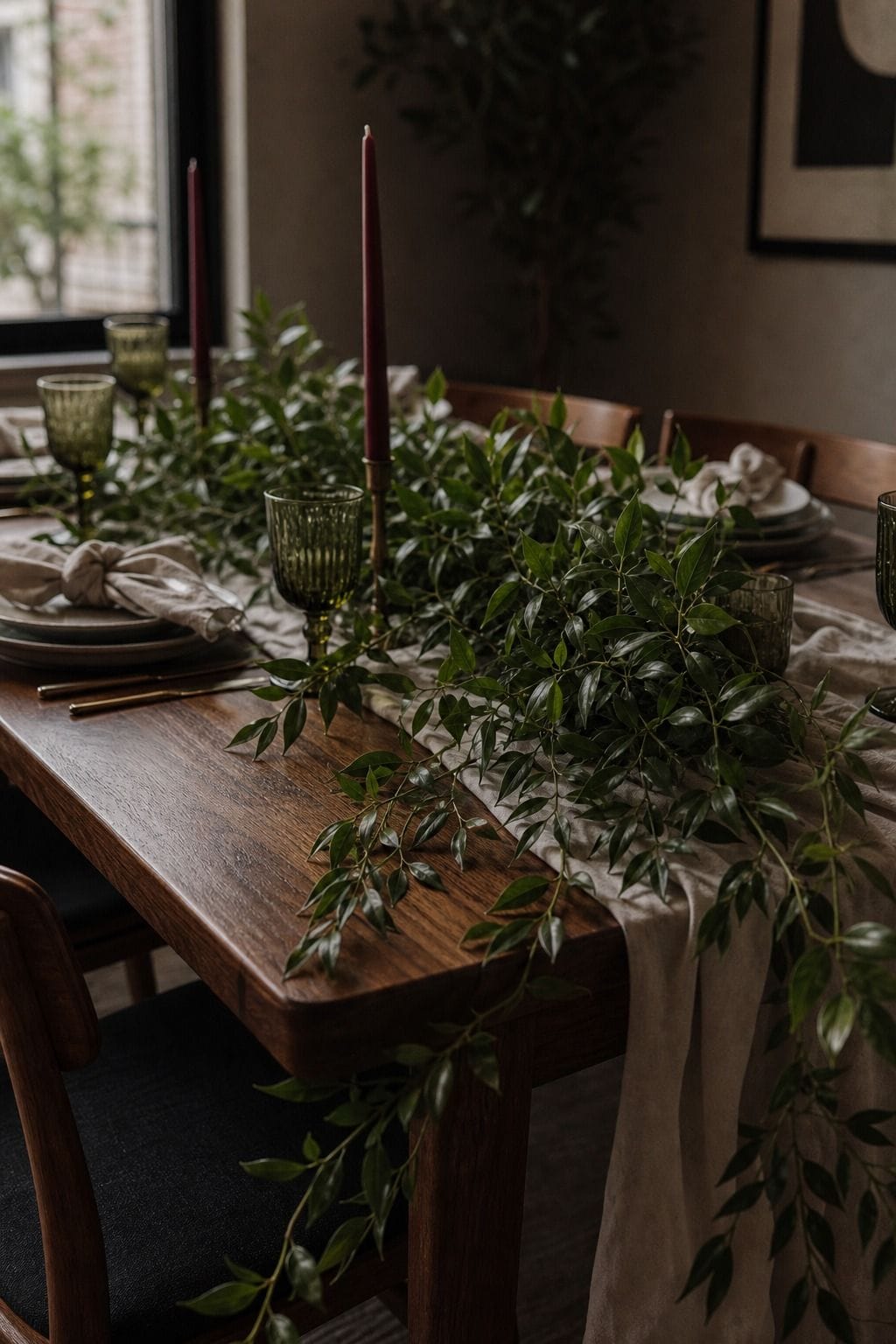 Italian ruscus greenery draped across a walnut wedding tablescape with candles
