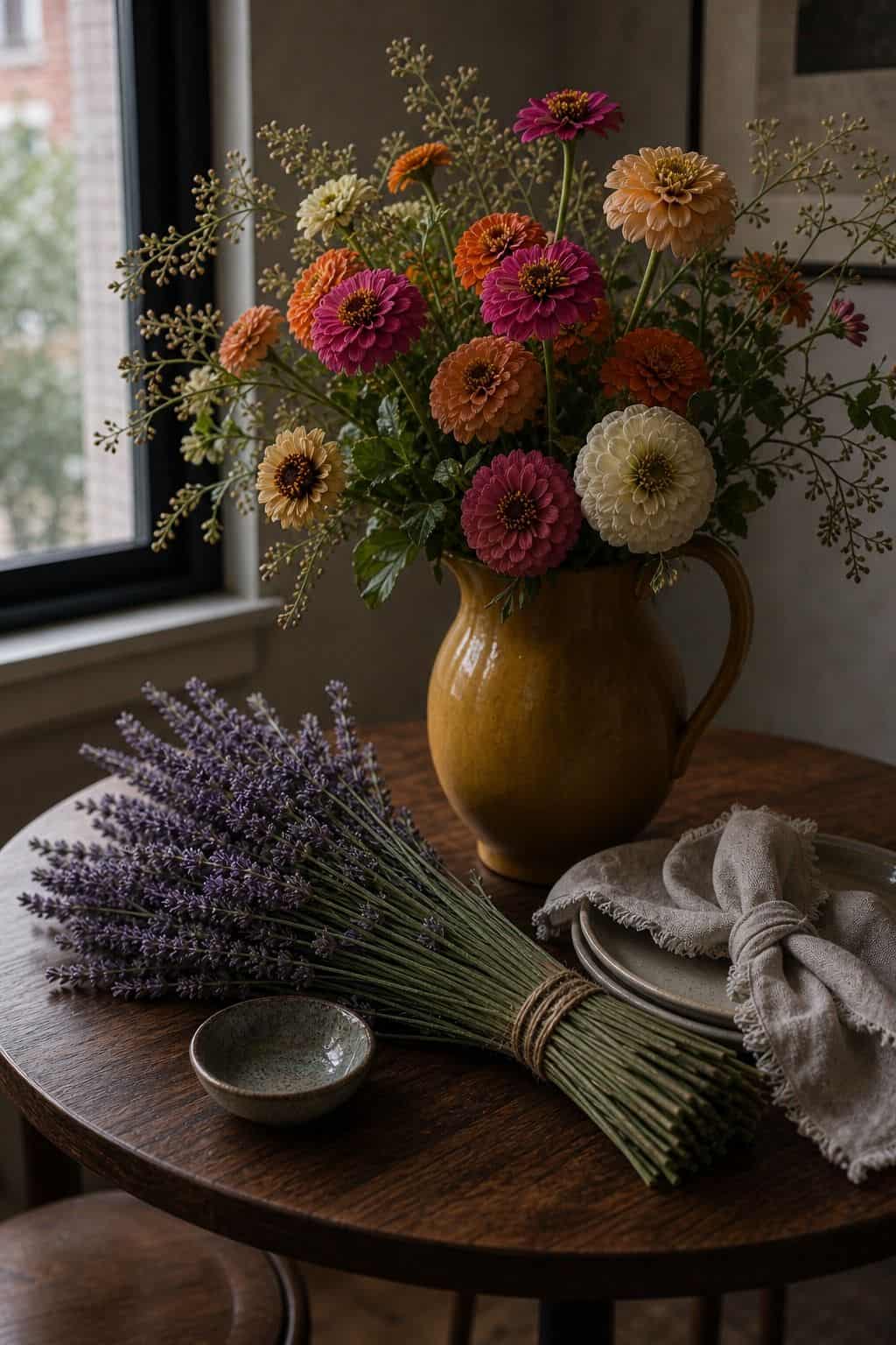 Lavender bundles with colorful summer florals on a small walnut bistro table