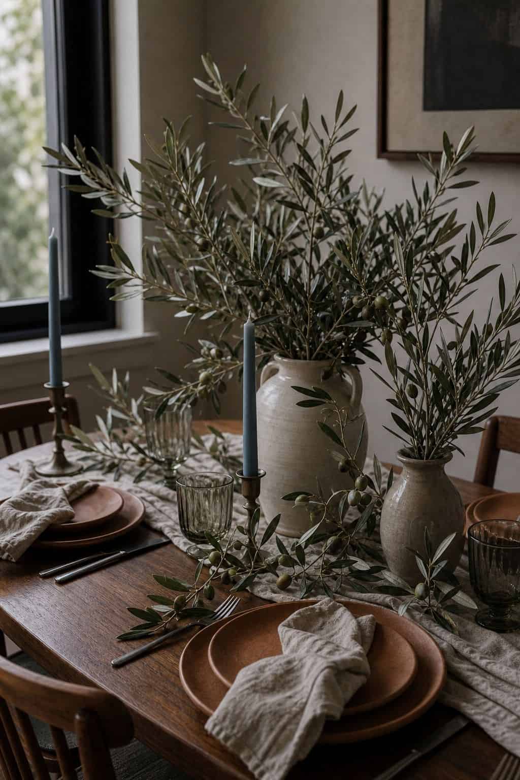 Silvery olive branches in ceramic vases on a Mediterranean summer wedding table