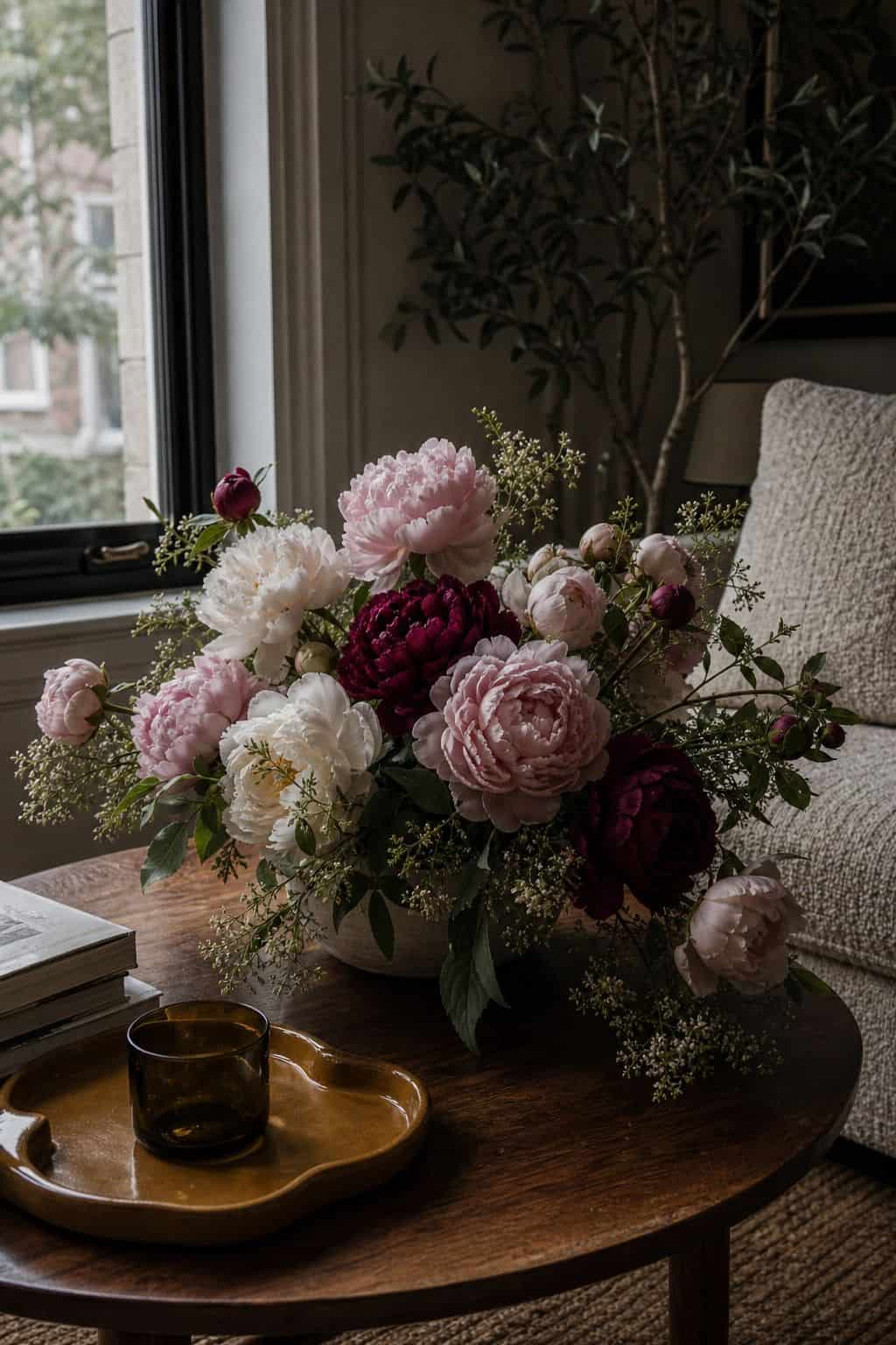 Soft peonies with greenery in a low wedding centerpiece by an apartment window
