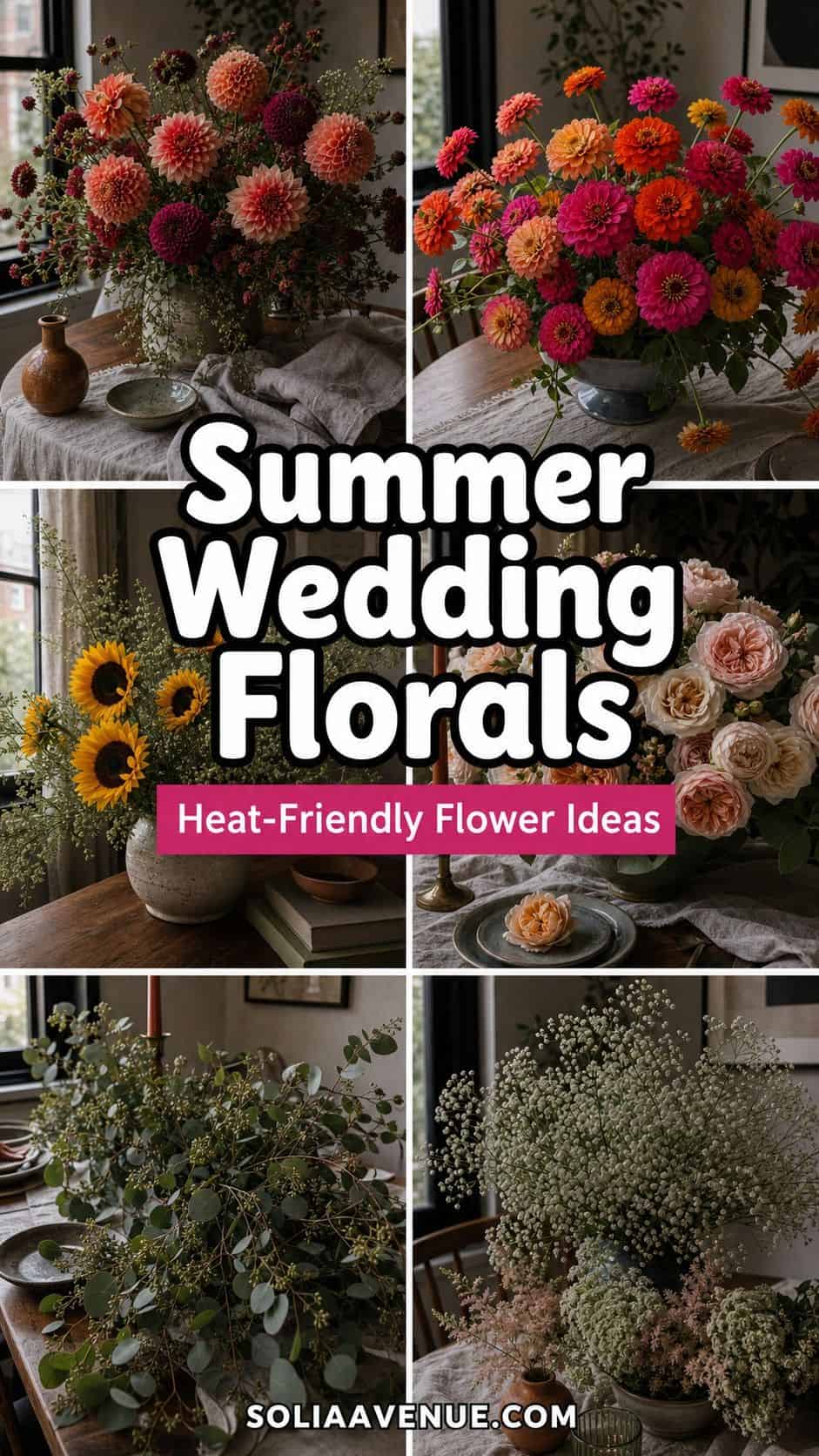 Pinterest pin collage of summer wedding florals with heat-friendly flower ideas