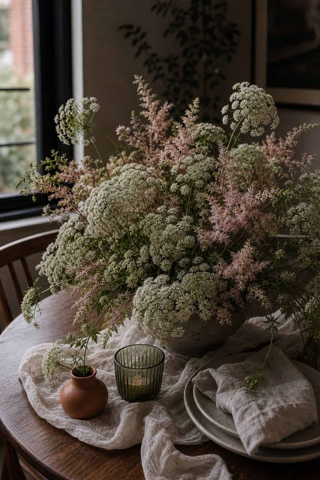 Queen Anne's lace and pale pink astilbe in a soft summer wedding arrangement