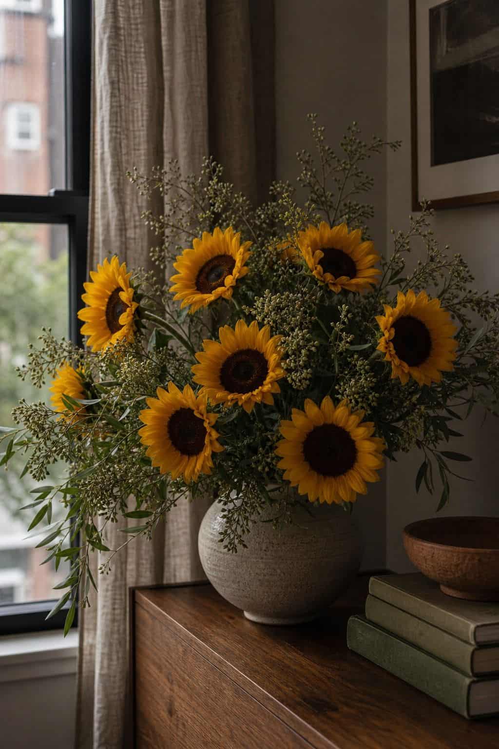 Golden sunflowers in a rustic ceramic vase beside a window on a walnut console