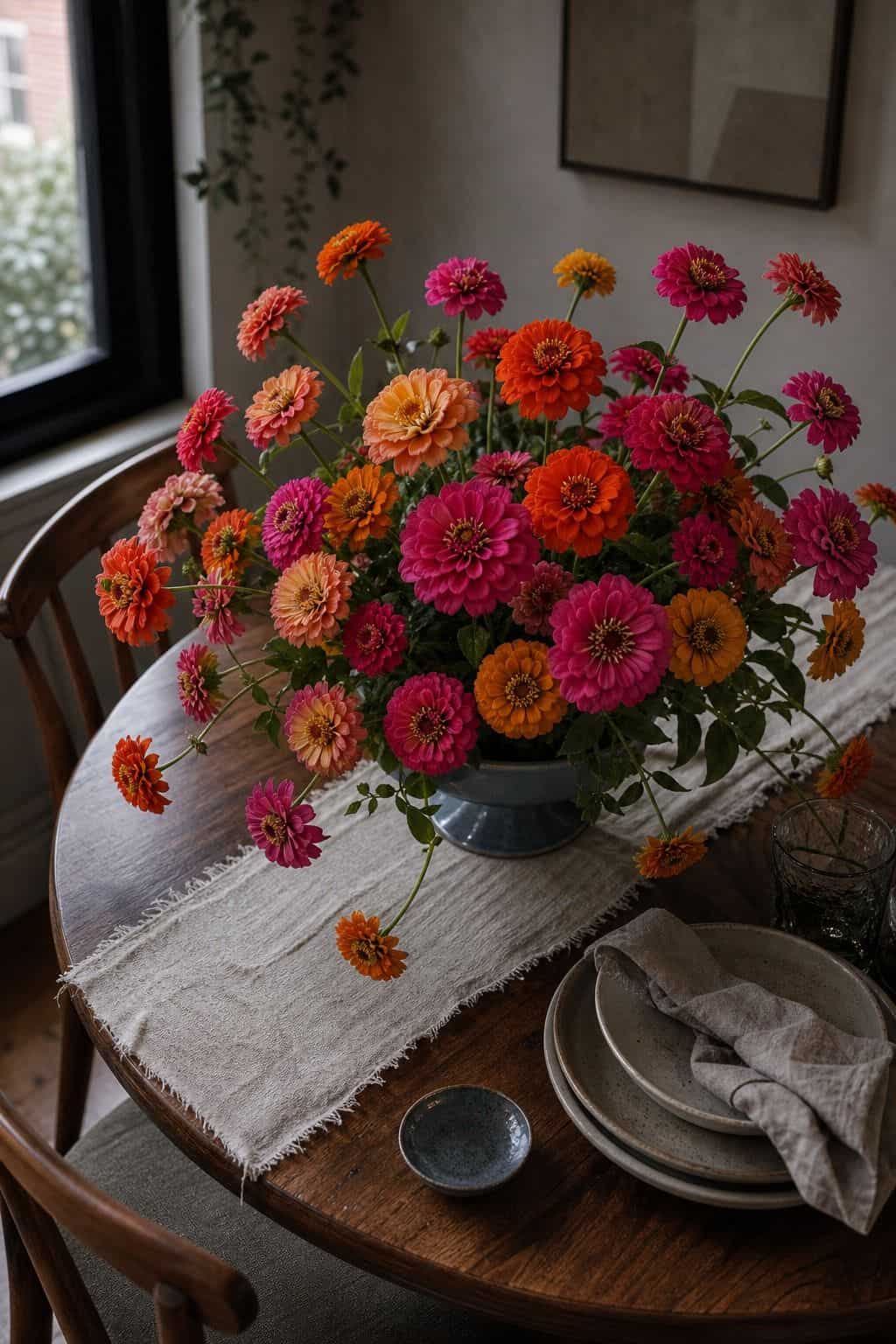 Bright pink, orange, and mustard zinnias arranged on a small apartment dining table