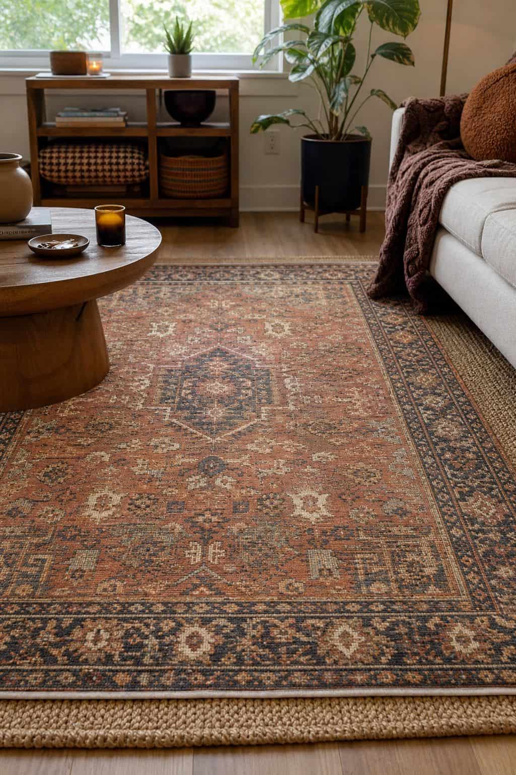 Stack a Vintage Rug Over a Jute Base small apartment idea for Top 17 Boho Fall Decor Ideas for Small Apartments.
