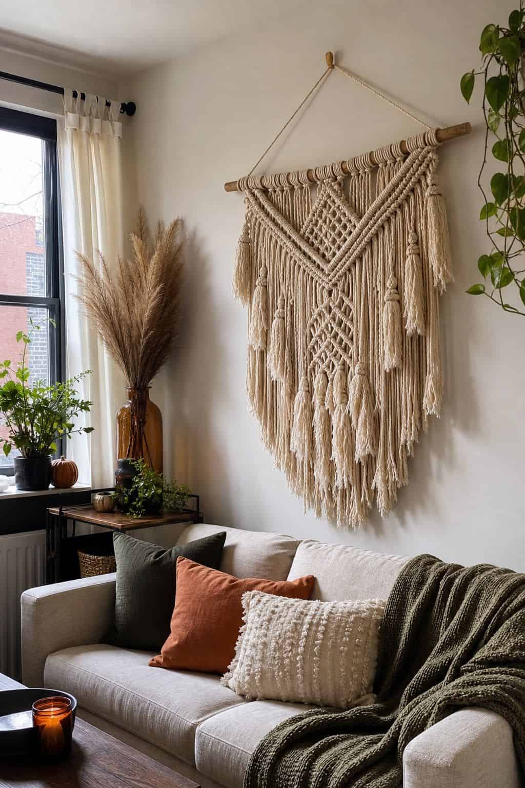 Hang a Large Macrame Wall Hanging small apartment idea for Top 17 Boho Fall Decor Ideas for Small Apartments.