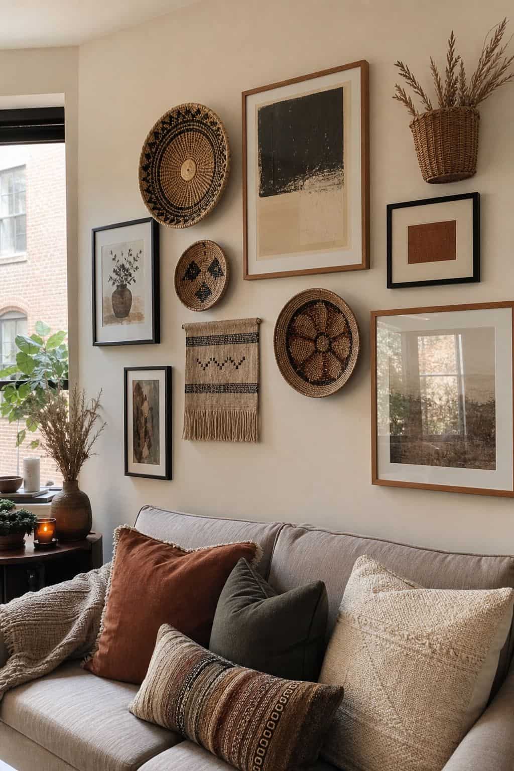 Create a Layered Gallery Wall With Woven Pieces small apartment idea for Top 17 Boho Fall Decor Ideas for Small Apartments.