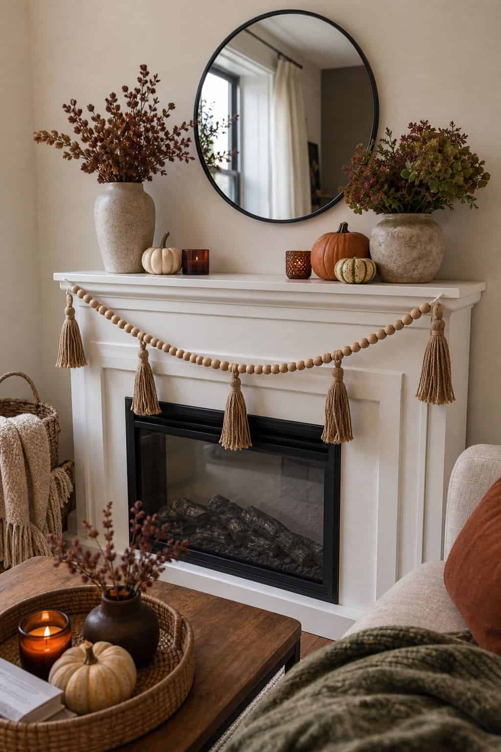 Add a Wood Bead or Tassel Garland small apartment idea for Top 17 Boho Fall Decor Ideas for Small Apartments.