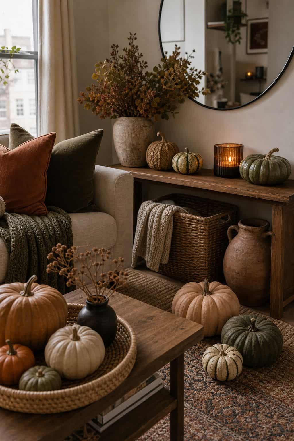 Scatter Heirloom Pumpkins in Earthy Tones small apartment idea for Top 17 Boho Fall Decor Ideas for Small Apartments.