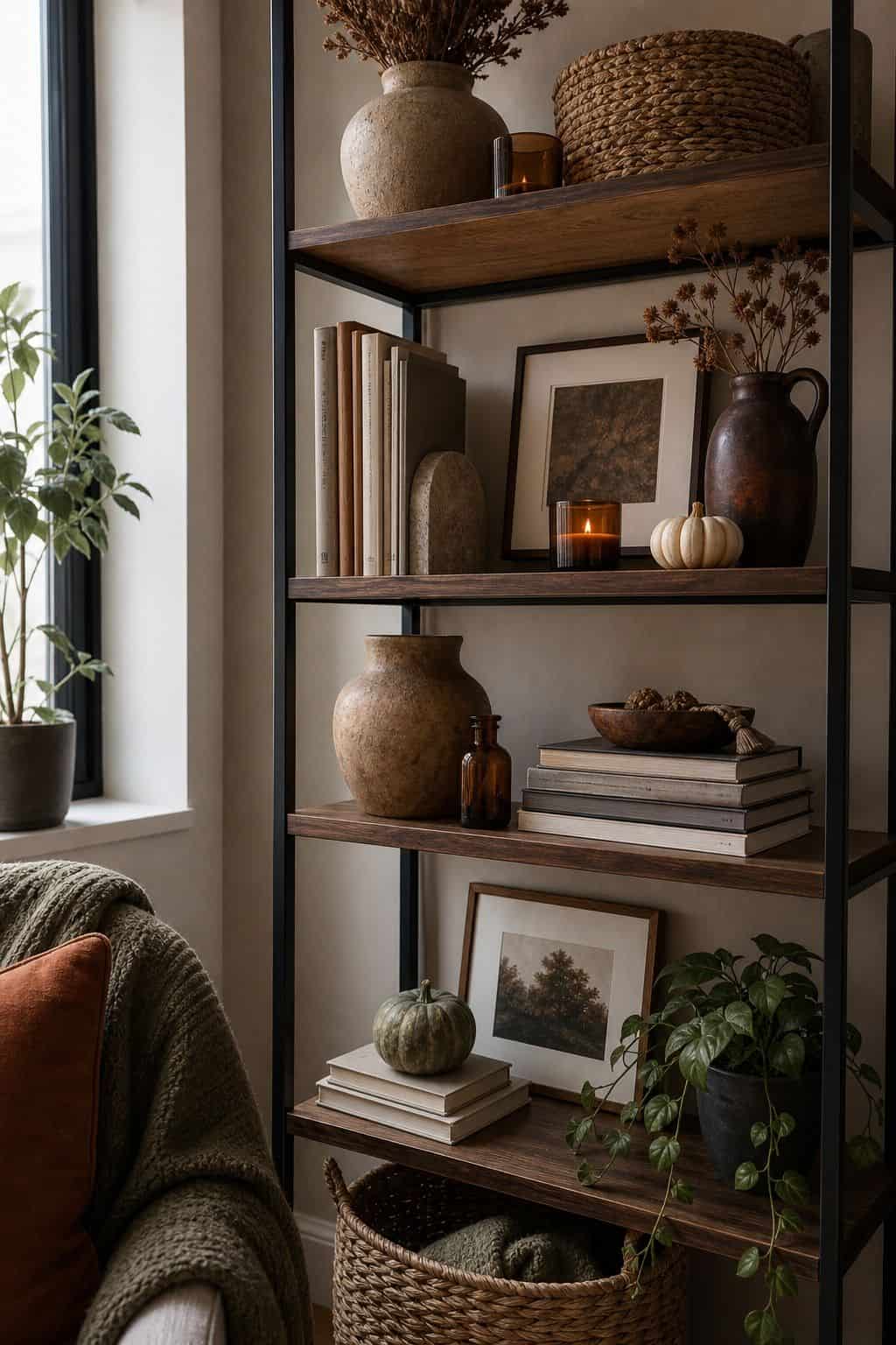 Style Shelves With Collected Objects small apartment idea for Top 17 Boho Fall Decor Ideas for Small Apartments.