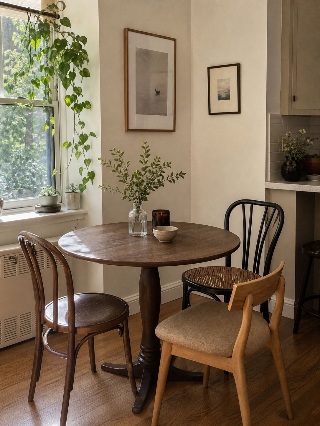 Mix-and-Match Chairs Around a Round Table small apartment idea for Top 15 Breakfast Nook Ideas for Small Apartments.
