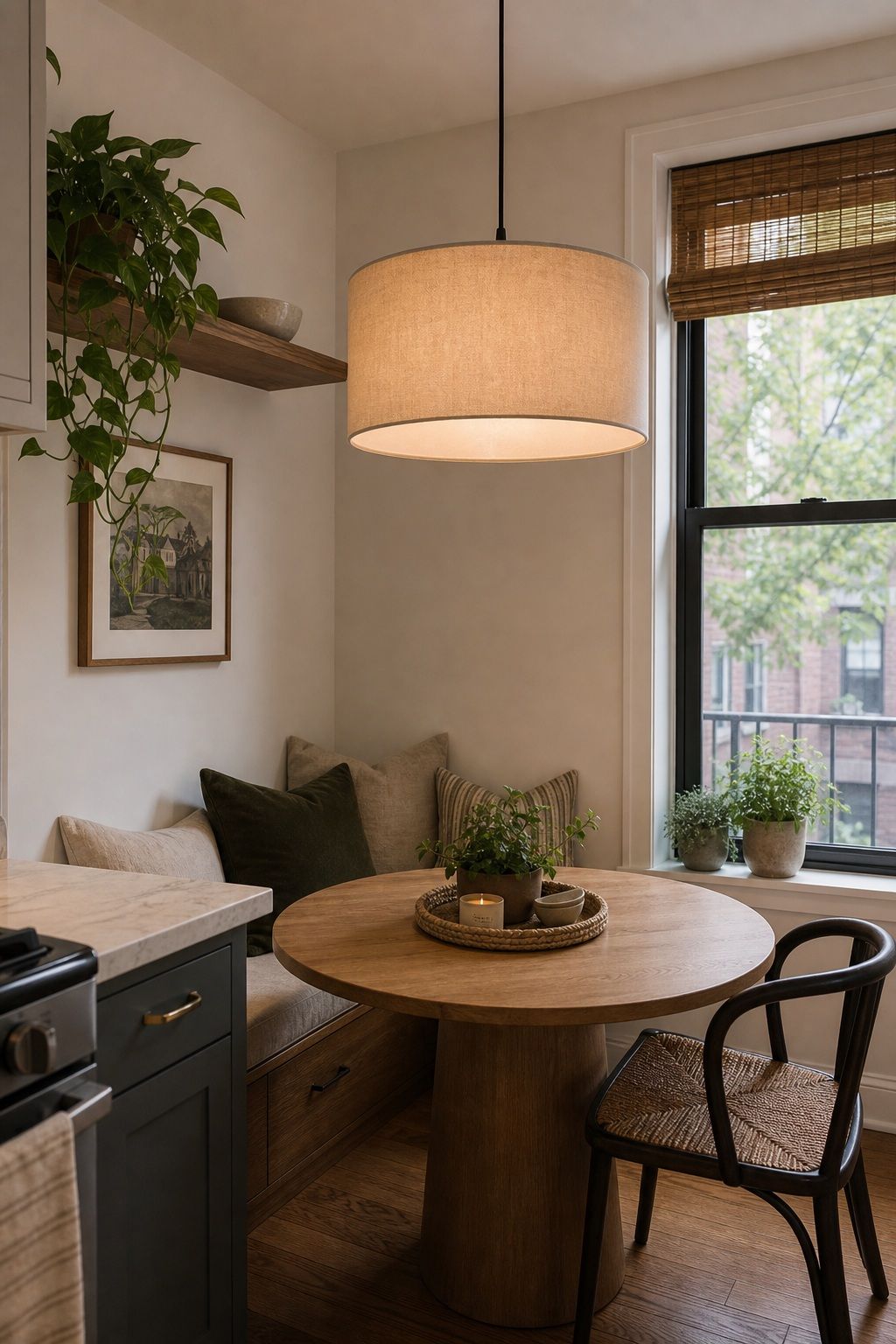 Drum Pendant Light for Cozy Glow small apartment idea for Top 15 Breakfast Nook Ideas for Small Apartments.