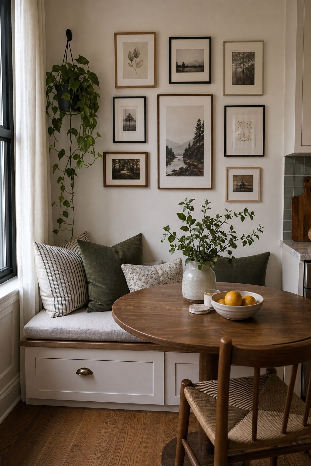 Add a Gallery Wall Above the Nook small apartment idea for Top 15 Breakfast Nook Ideas for Small Apartments.