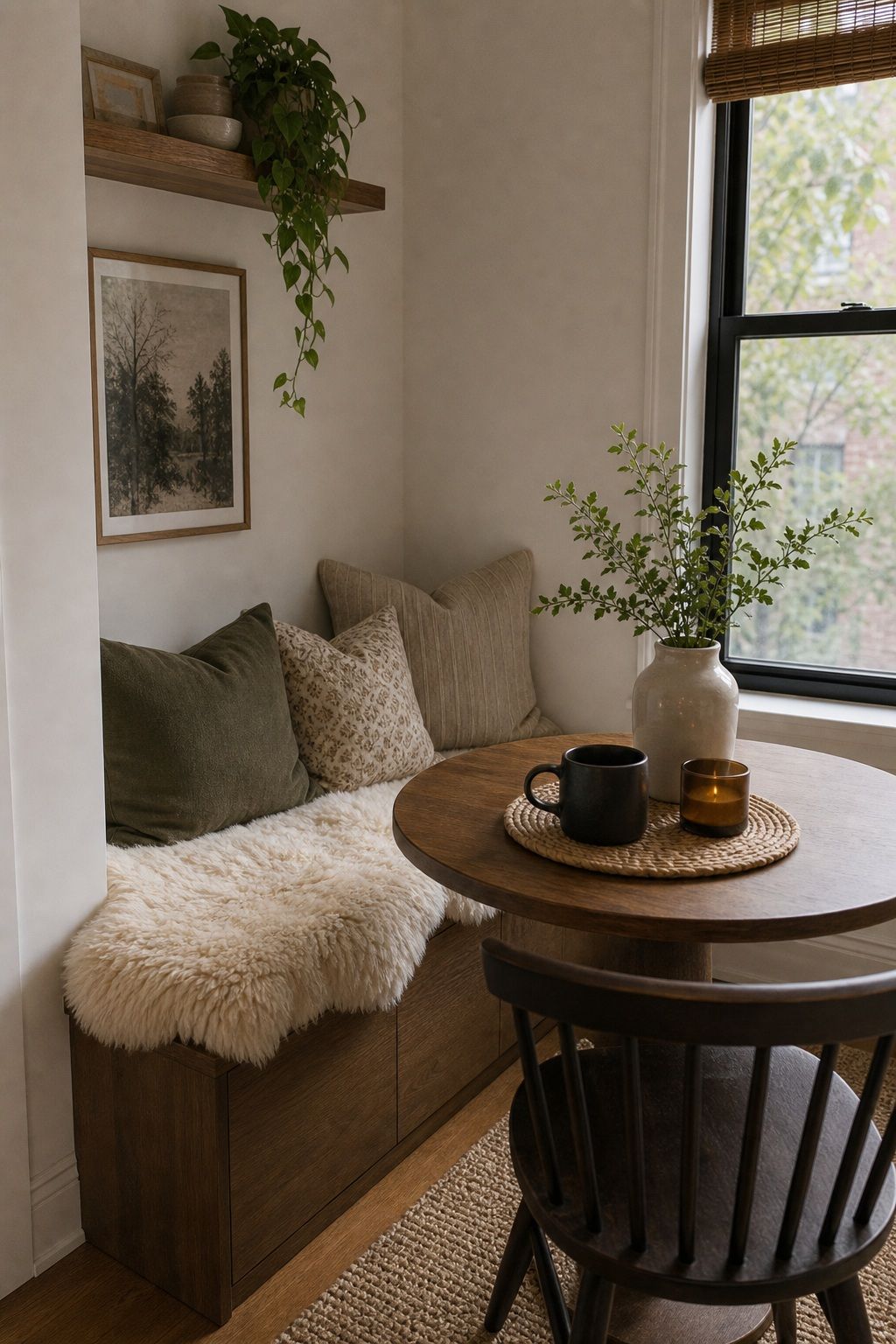 Layer a Sheepskin or Bench Throw small apartment idea for Top 15 Breakfast Nook Ideas for Small Apartments.