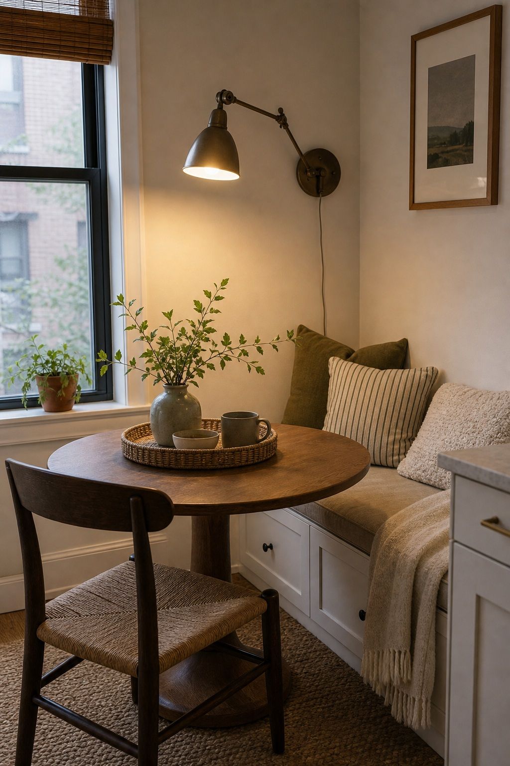 Add a Sconce or Wall Lamp Above the Bench small apartment idea for Top 15 Breakfast Nook Ideas for Small Apartments.