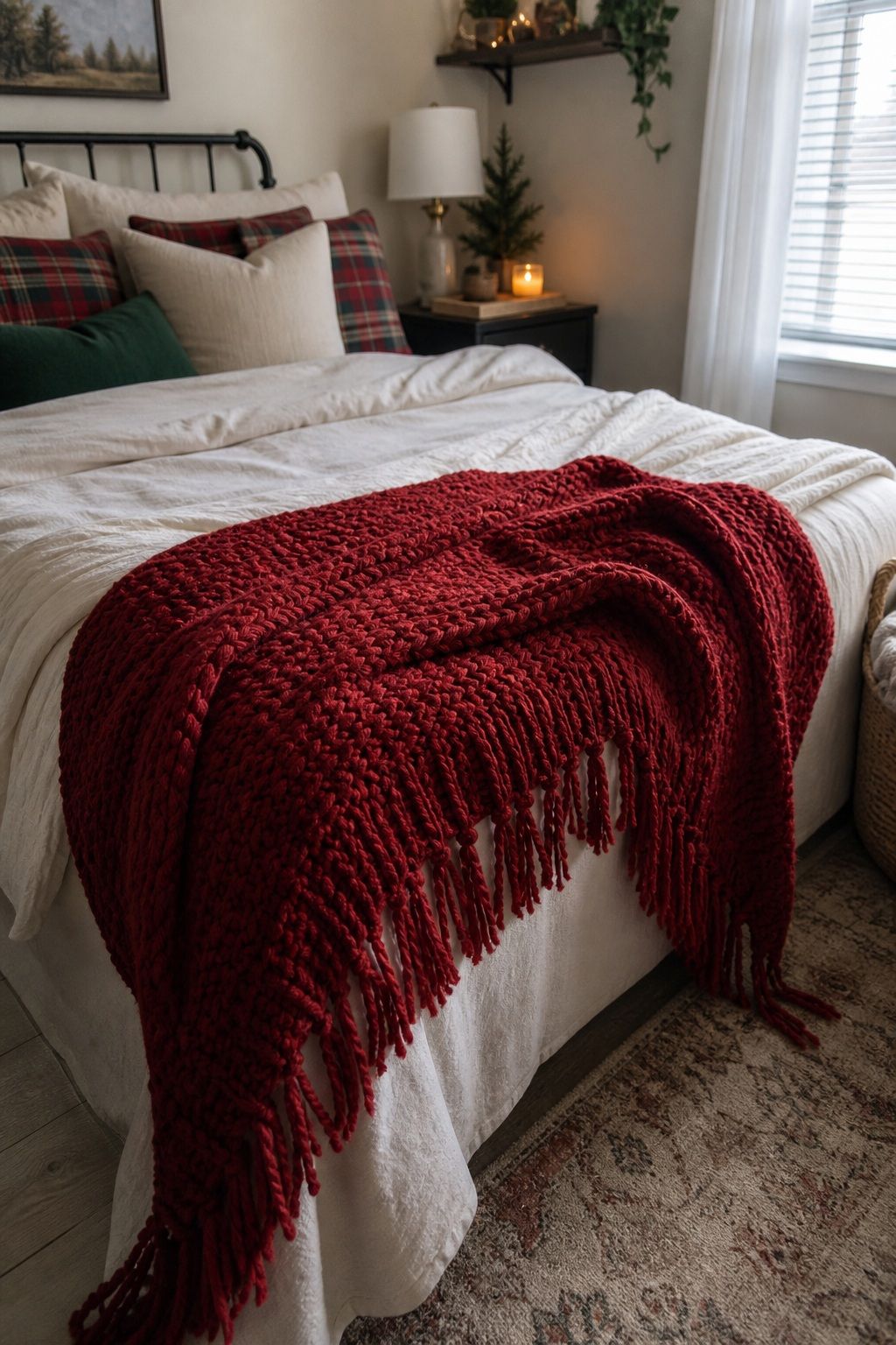 Drape a Holiday Throw at the Foot of the Bed small apartment idea for Top 16 Christmas Bedroom Decor Ideas for Small Apartments.