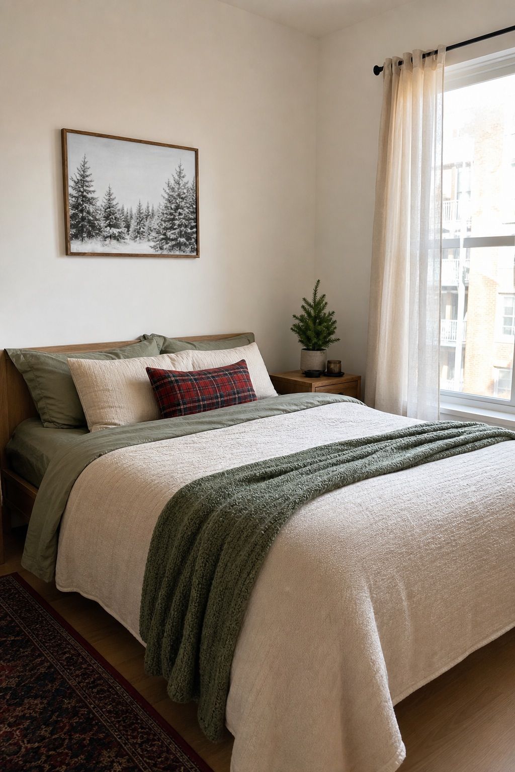Avoid the Holiday-Bedding Overcommit small apartment idea for Top 16 Christmas Bedroom Decor Ideas for Small Apartments.