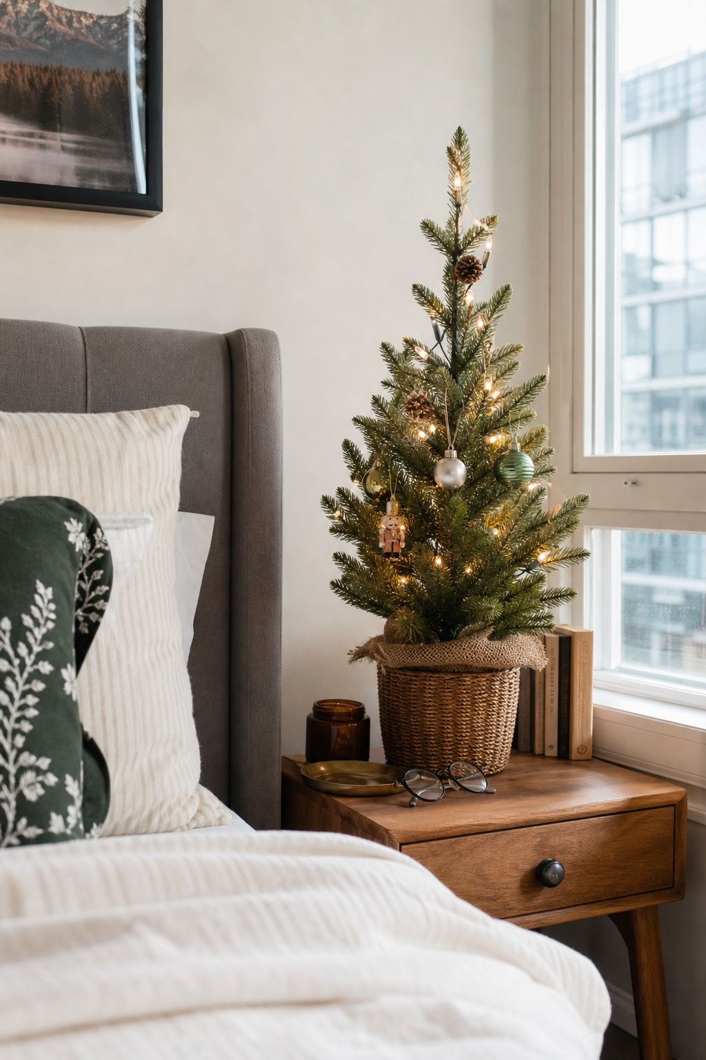 Place a Mini Tree on the Nightstand or Dresser small apartment idea for Top 16 Christmas Bedroom Decor Ideas for Small Apartments.