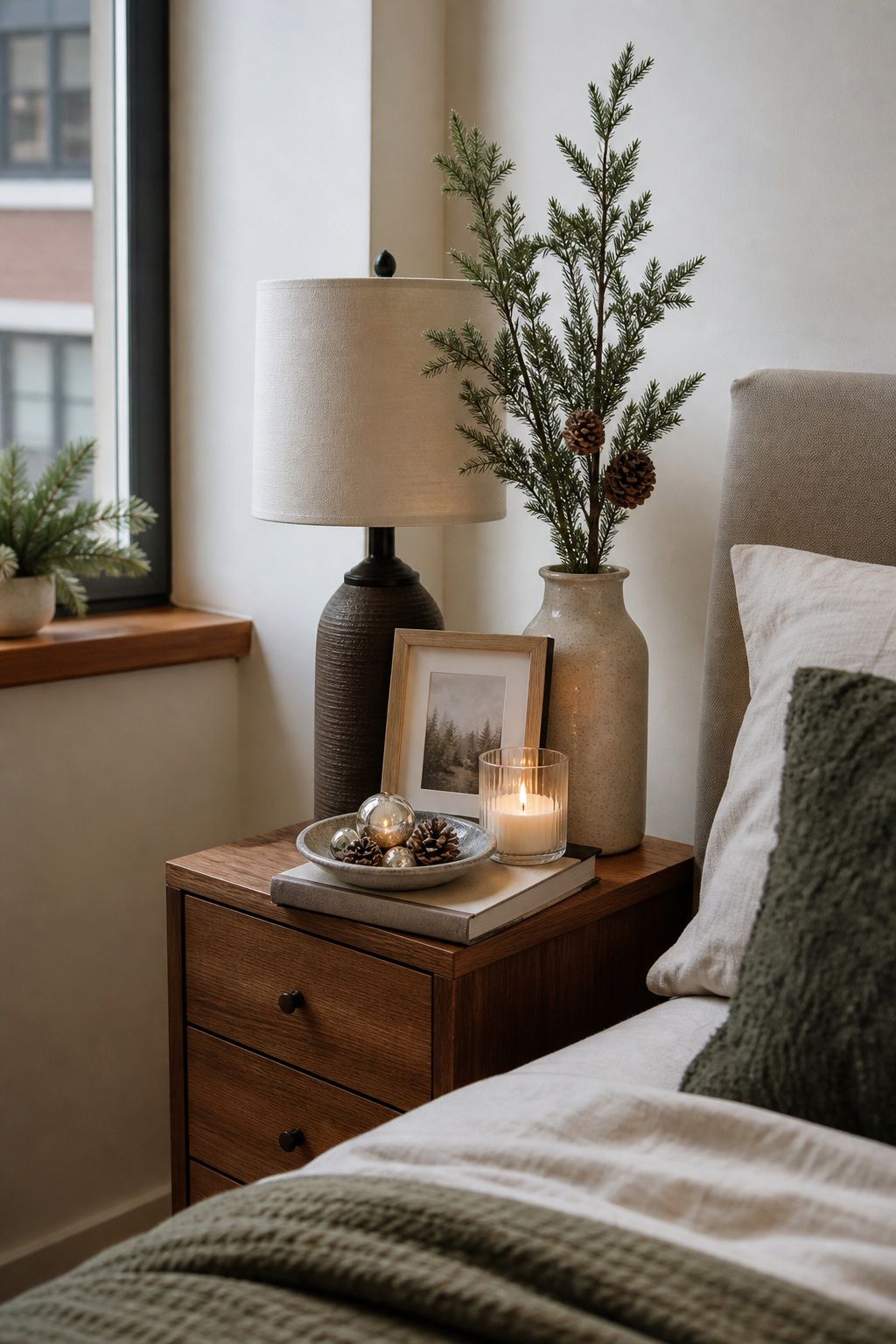 Layer the Nightstand Vignette With Three Heights small apartment idea for Top 16 Christmas Bedroom Decor Ideas for Small Apartments.