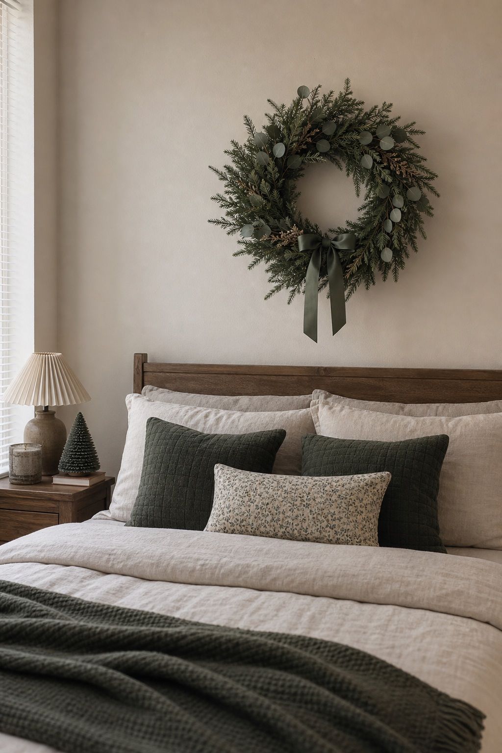 Hang a Wreath Above the Bed small apartment idea for Top 16 Christmas Bedroom Decor Ideas for Small Apartments.