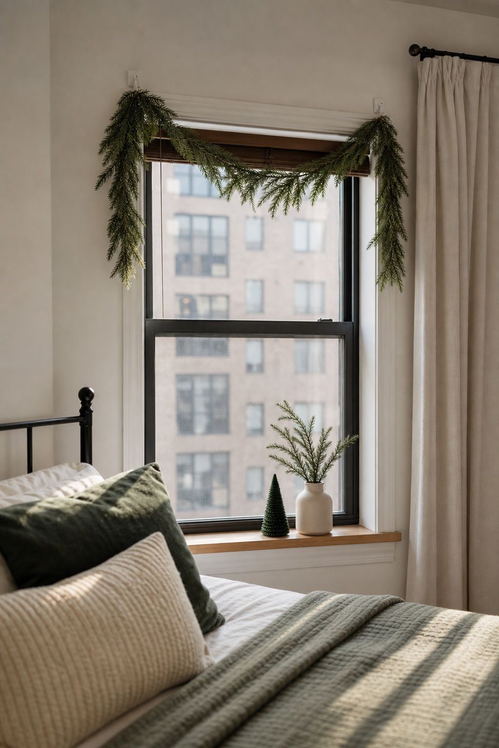 Add a Soft Garland Across the Window Frame small apartment idea for Top 16 Christmas Bedroom Decor Ideas for Small Apartments.