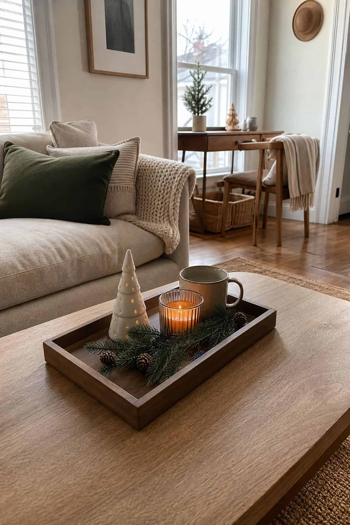 Start With a Tray to Anchor the Table small apartment idea for Top 17 Christmas Coffee Table Decor Ideas for Small Spaces.