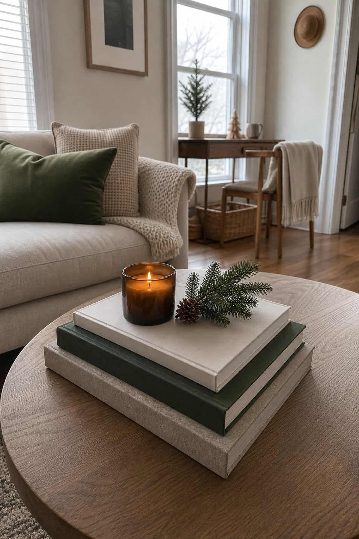 Use a Book Stack as a Riser small apartment idea for Top 17 Christmas Coffee Table Decor Ideas for Small Spaces.