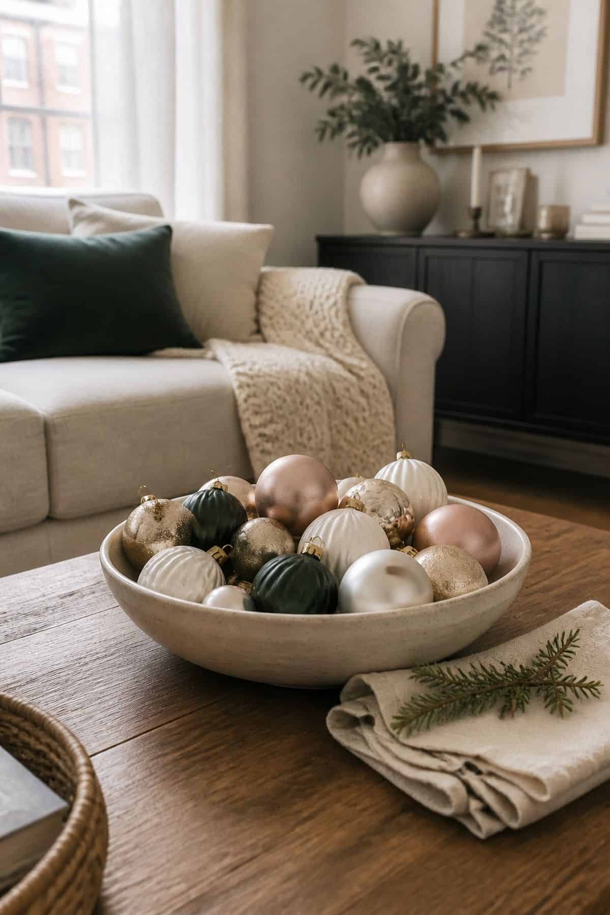 Fill a Bowl With Ornaments small apartment idea for Top 17 Christmas Coffee Table Decor Ideas for Small Spaces.