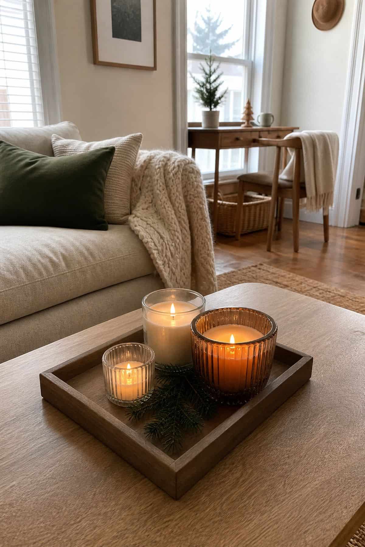 Add Candles for Warm Festive Glow small apartment idea for Top 17 Christmas Coffee Table Decor Ideas for Small Spaces.