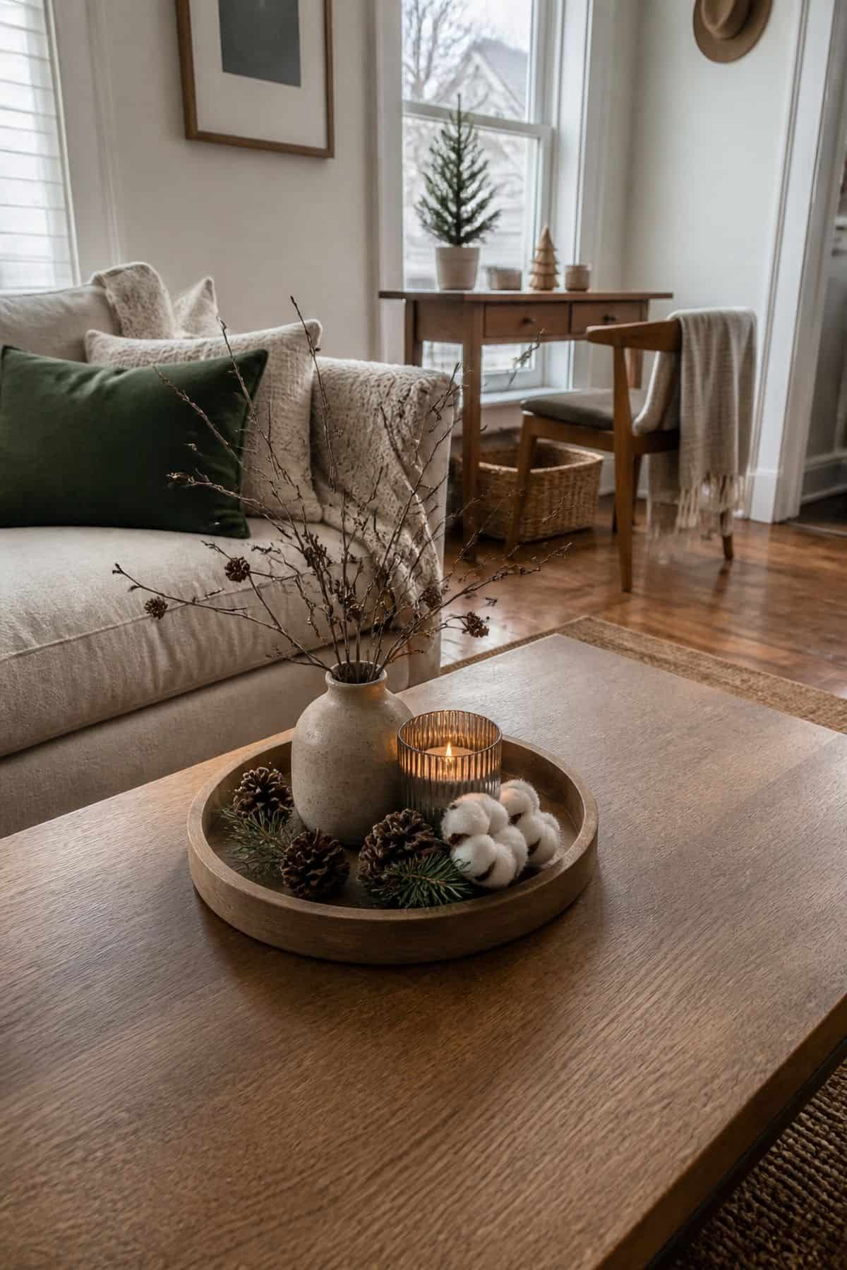 Add Natural Touches Like Branches and Cotton small apartment idea for Top 17 Christmas Coffee Table Decor Ideas for Small Spaces.