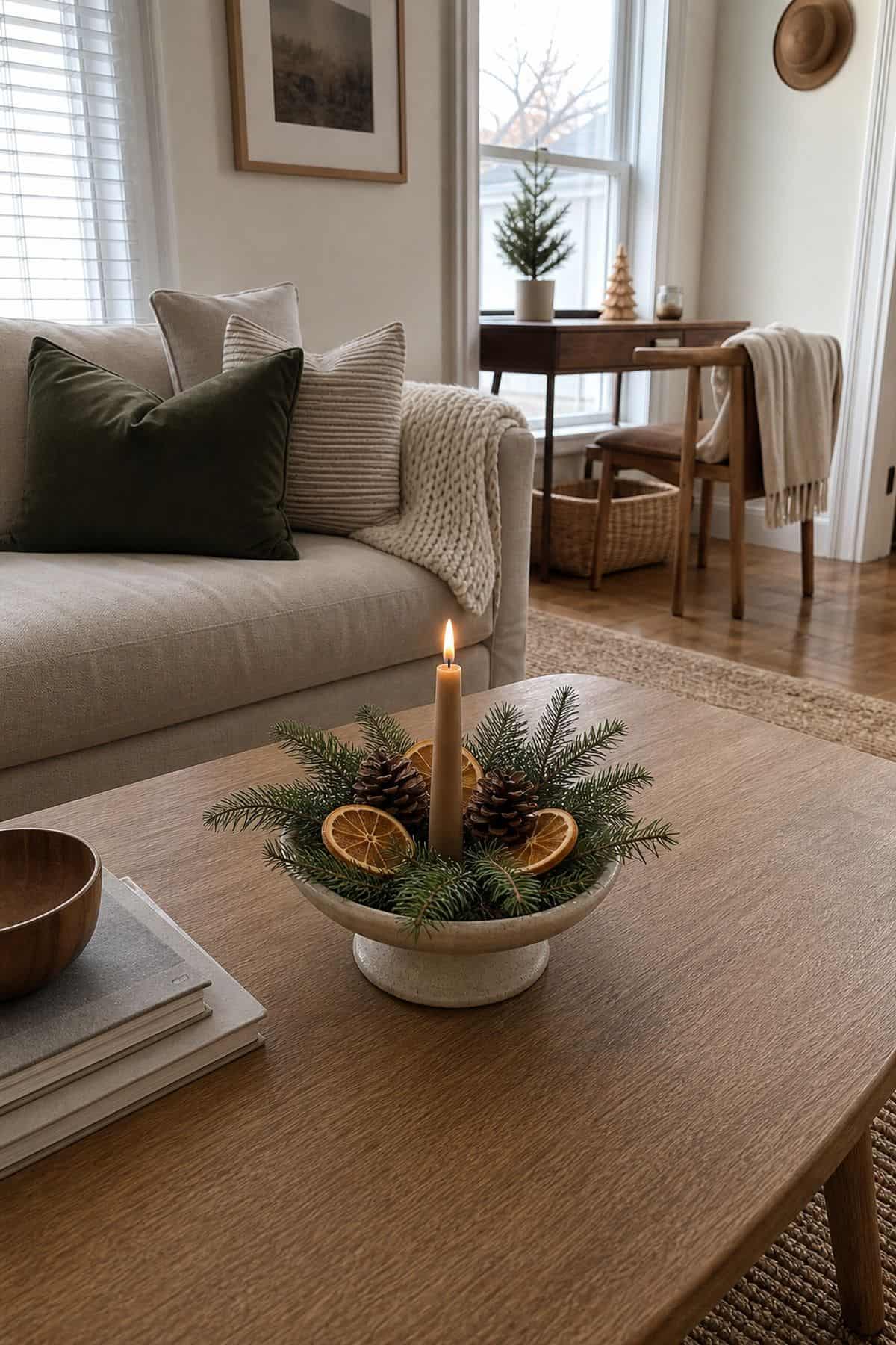 Add a Small Festive Centerpiece small apartment idea for Top 17 Christmas Coffee Table Decor Ideas for Small Spaces.