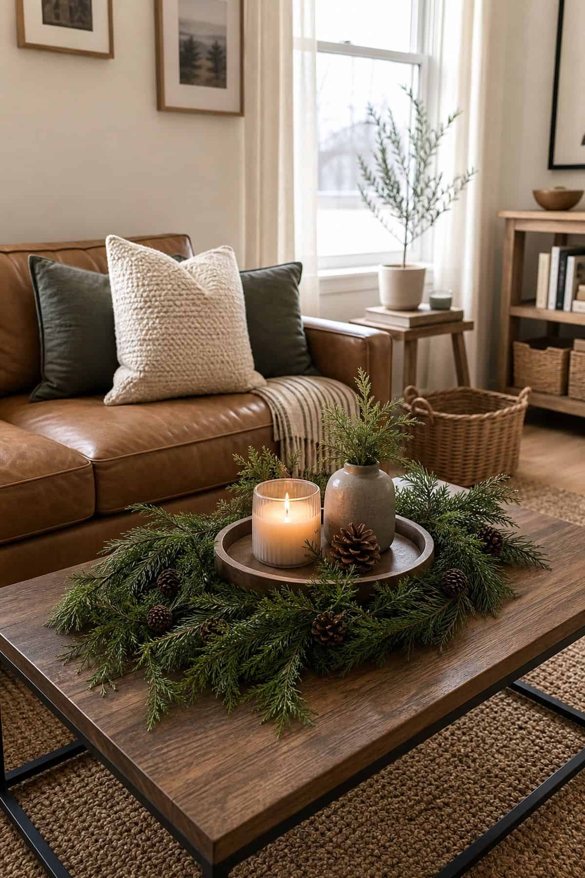 Layer in a Bit of Greenery small apartment idea for Top 17 Christmas Coffee Table Decor Ideas for Small Spaces.