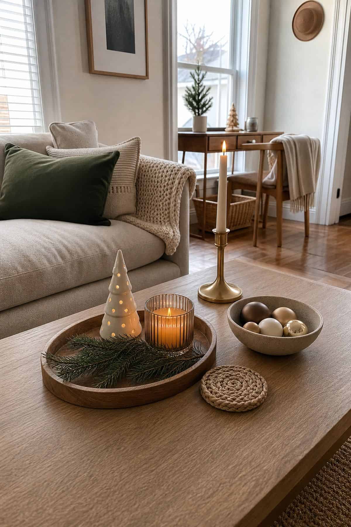 Mix Heights and Textures small apartment idea for Top 17 Christmas Coffee Table Decor Ideas for Small Spaces.