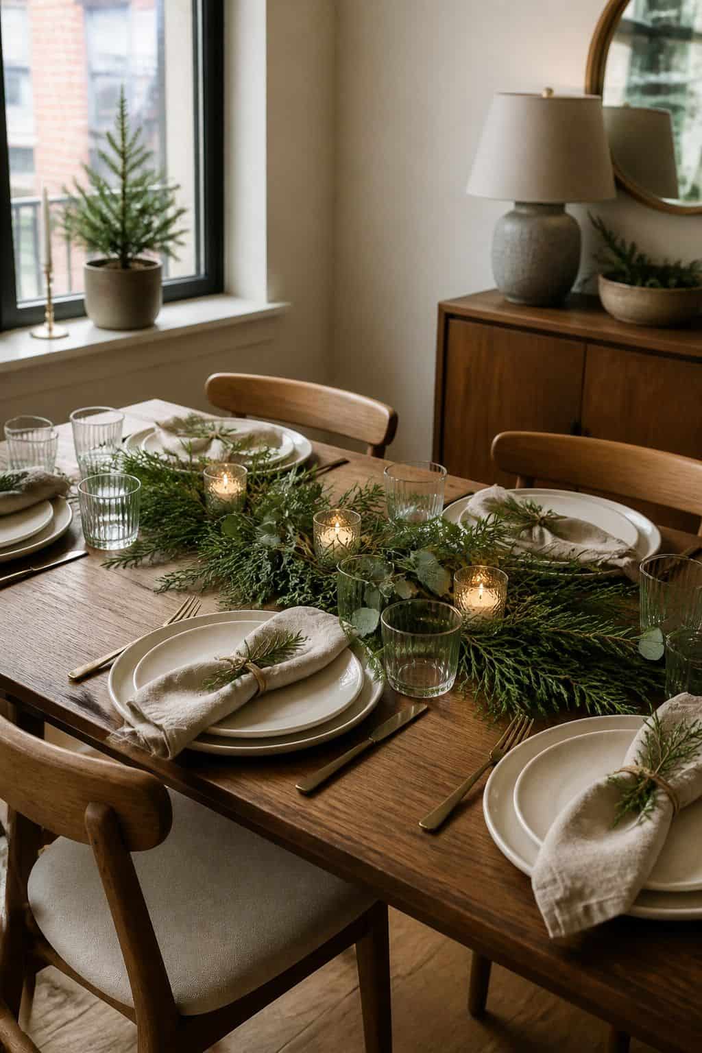 Build a Low Greenery Centerpiece small apartment idea for Top 18 Christmas Dining Table Decor Ideas for Small-Space Hosting.