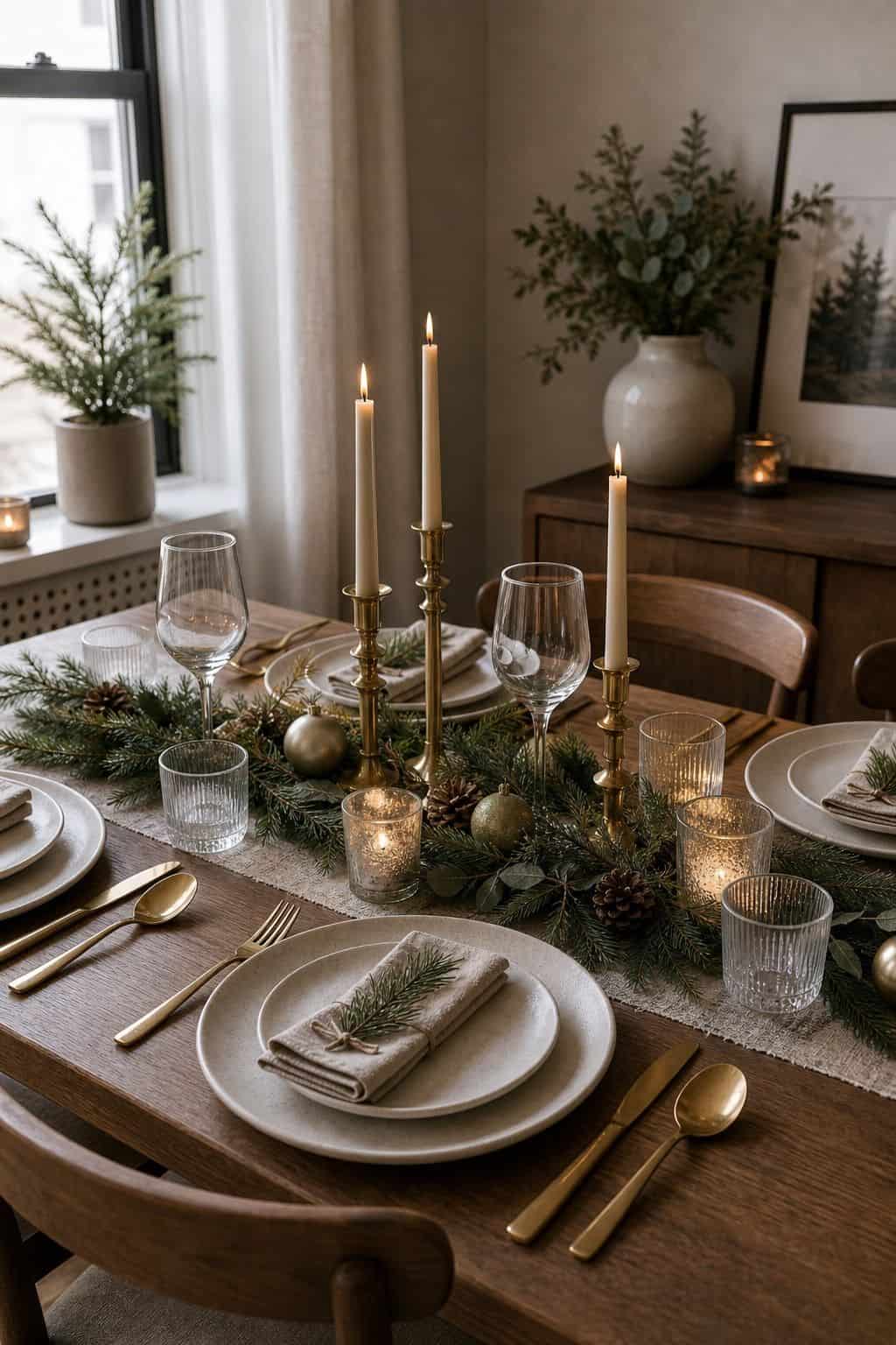 Mix Metallic and Matte Accents small apartment idea for Top 18 Christmas Dining Table Decor Ideas for Small-Space Hosting.