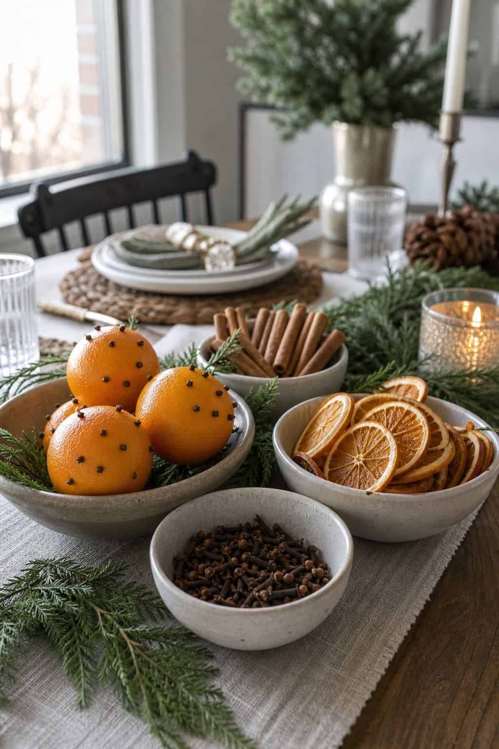 Set Out Citrus and Clove Bowls small apartment idea for Top 18 Christmas Dining Table Decor Ideas for Small-Space Hosting.