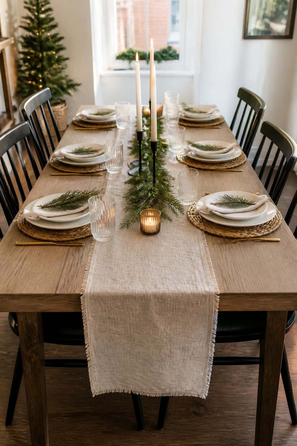 Run a Simple Natural Runner small apartment idea for Top 18 Christmas Dining Table Decor Ideas for Small-Space Hosting.