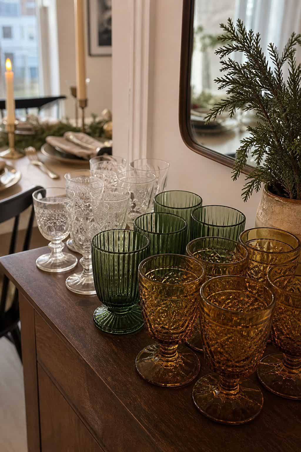 Group Vintage Glassware by Color small apartment idea for Top 18 Christmas Dining Table Decor Ideas for Small-Space Hosting.