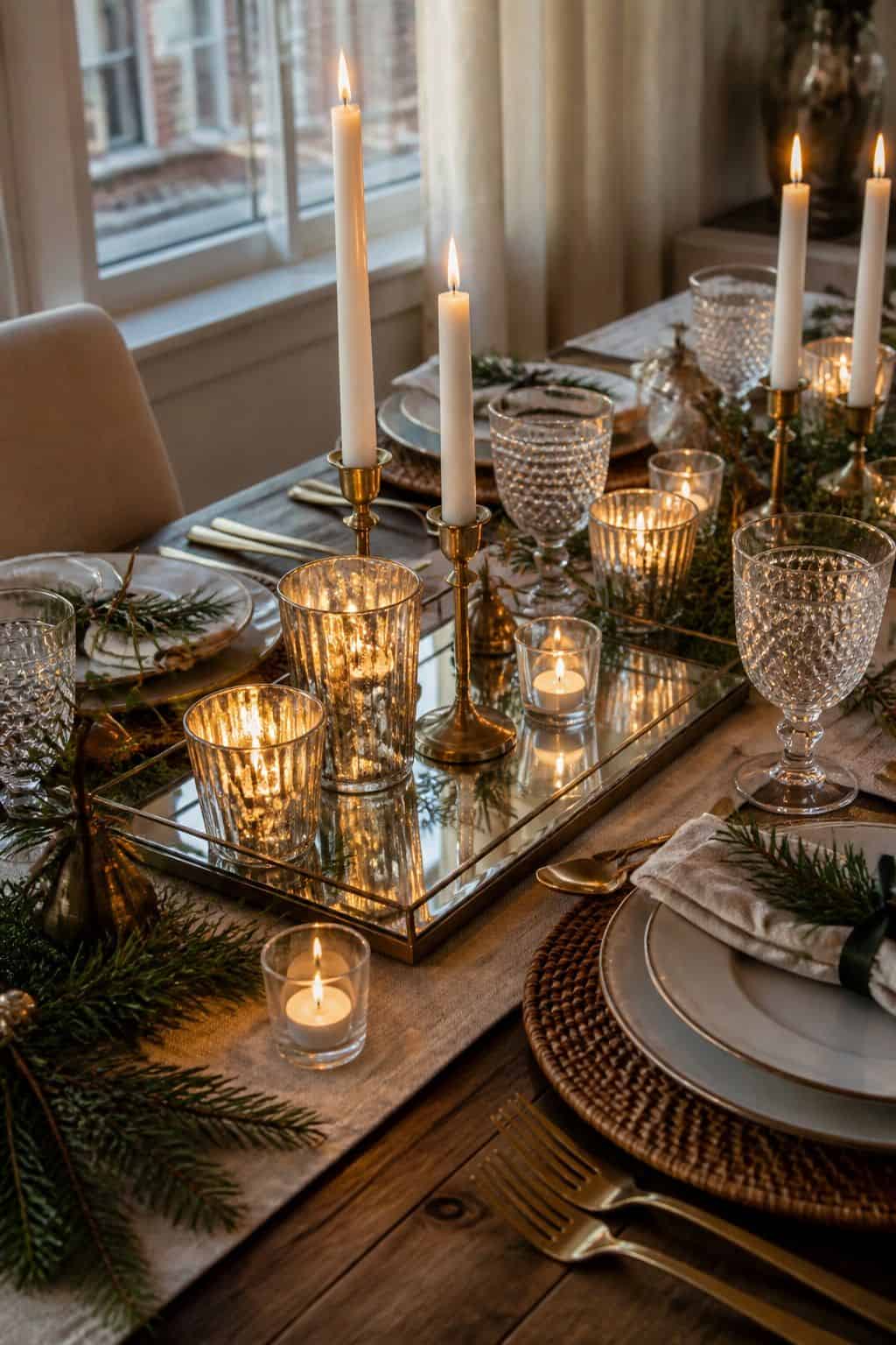 Multiply Candlelight With Mirrors and Votives small apartment idea for Top 18 Christmas Dining Table Decor Ideas for Small-Space Hosting.
