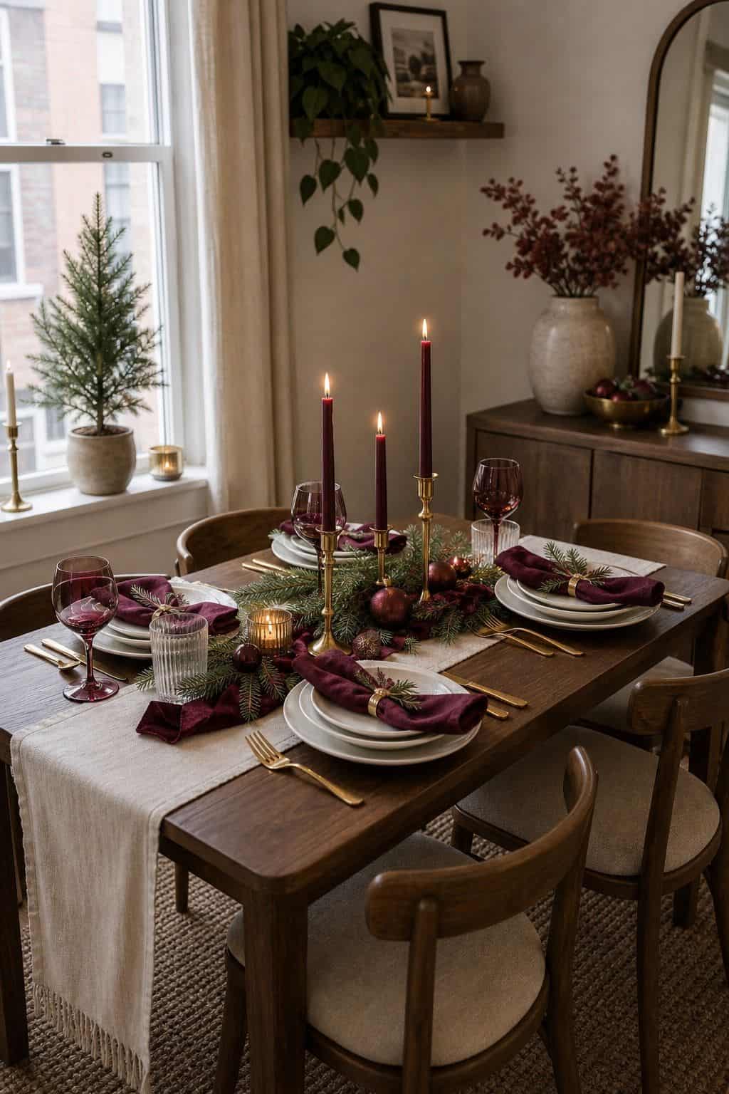 Choose One Color Palette and Commit small apartment idea for Top 18 Christmas Dining Table Decor Ideas for Small-Space Hosting.