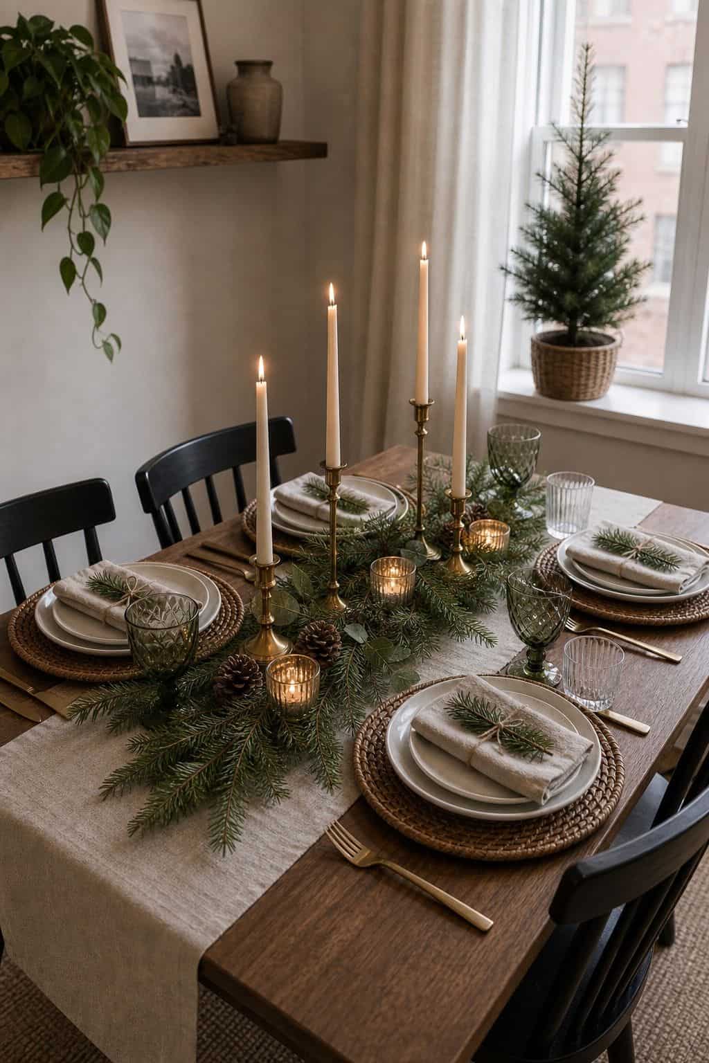 Use Taper Candles for Height small apartment idea for Top 18 Christmas Dining Table Decor Ideas for Small-Space Hosting.