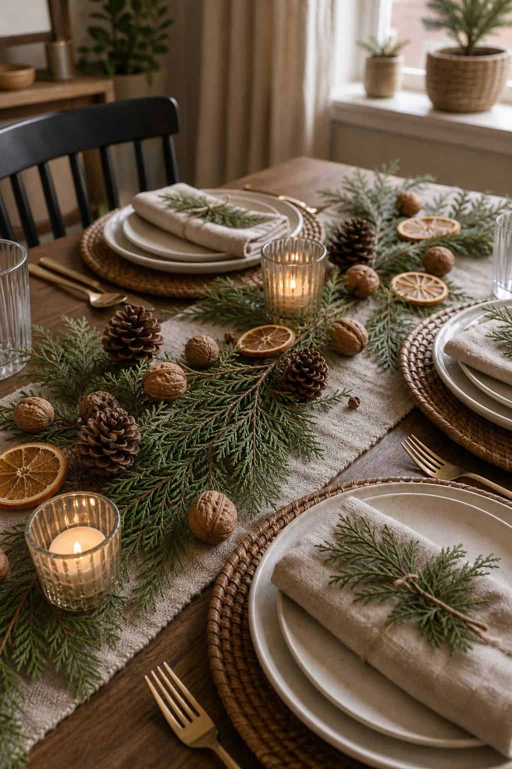 Scatter Pinecones and Natural Texture small apartment idea for Top 18 Christmas Dining Table Decor Ideas for Small-Space Hosting.