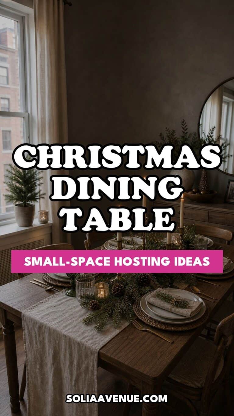 Pinterest pin for Top 18 Christmas Dining Table Decor Ideas for Small-Space Hosting from Solia Avenue.