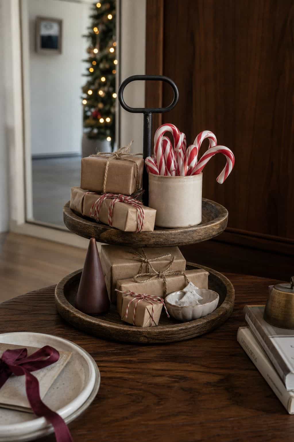 Christmas tiered tray with mini wrapped presents and candy canes in a cozy vignette