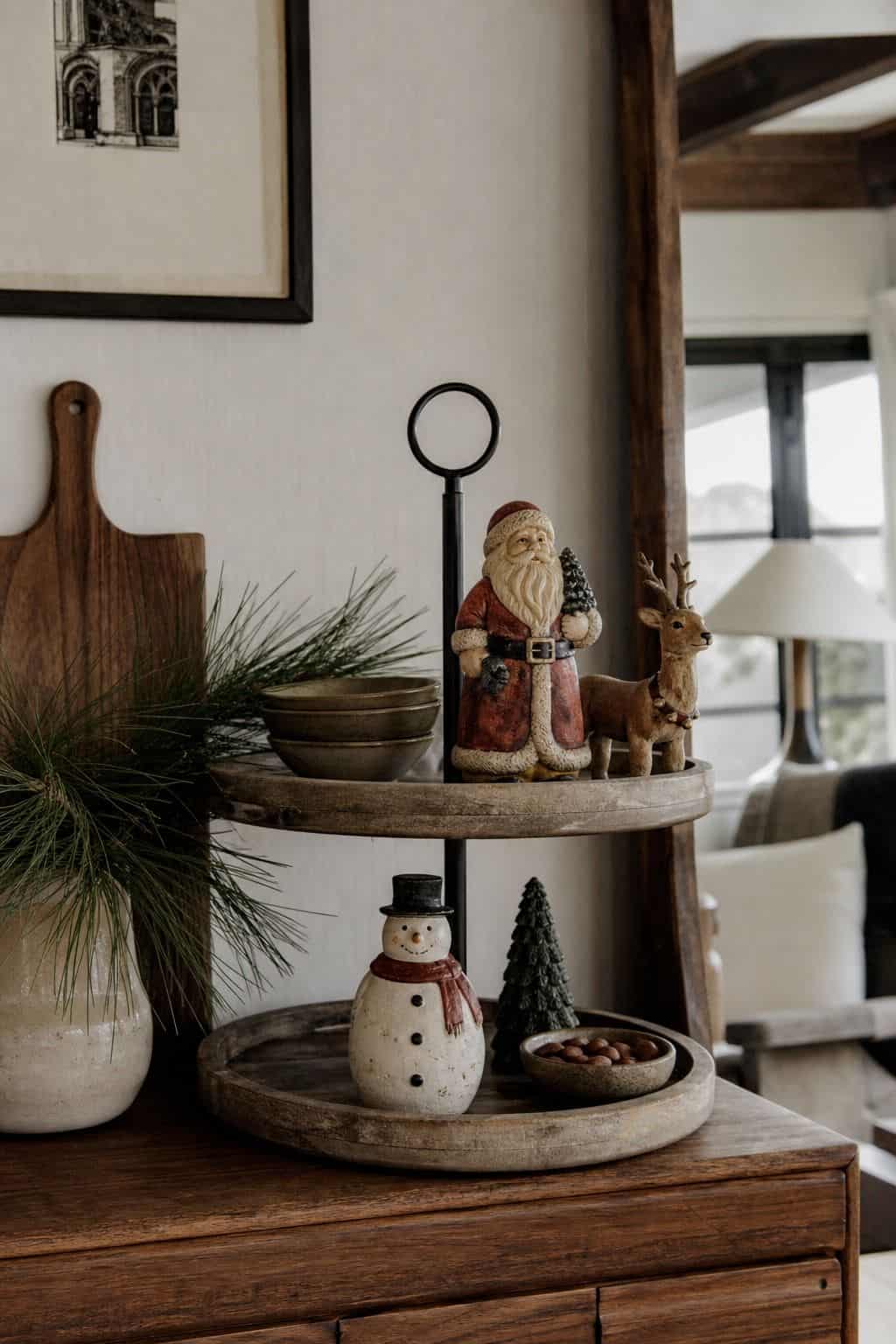 Christmas tiered tray with vintage Santa, reindeer, snowman, and evergreen accents