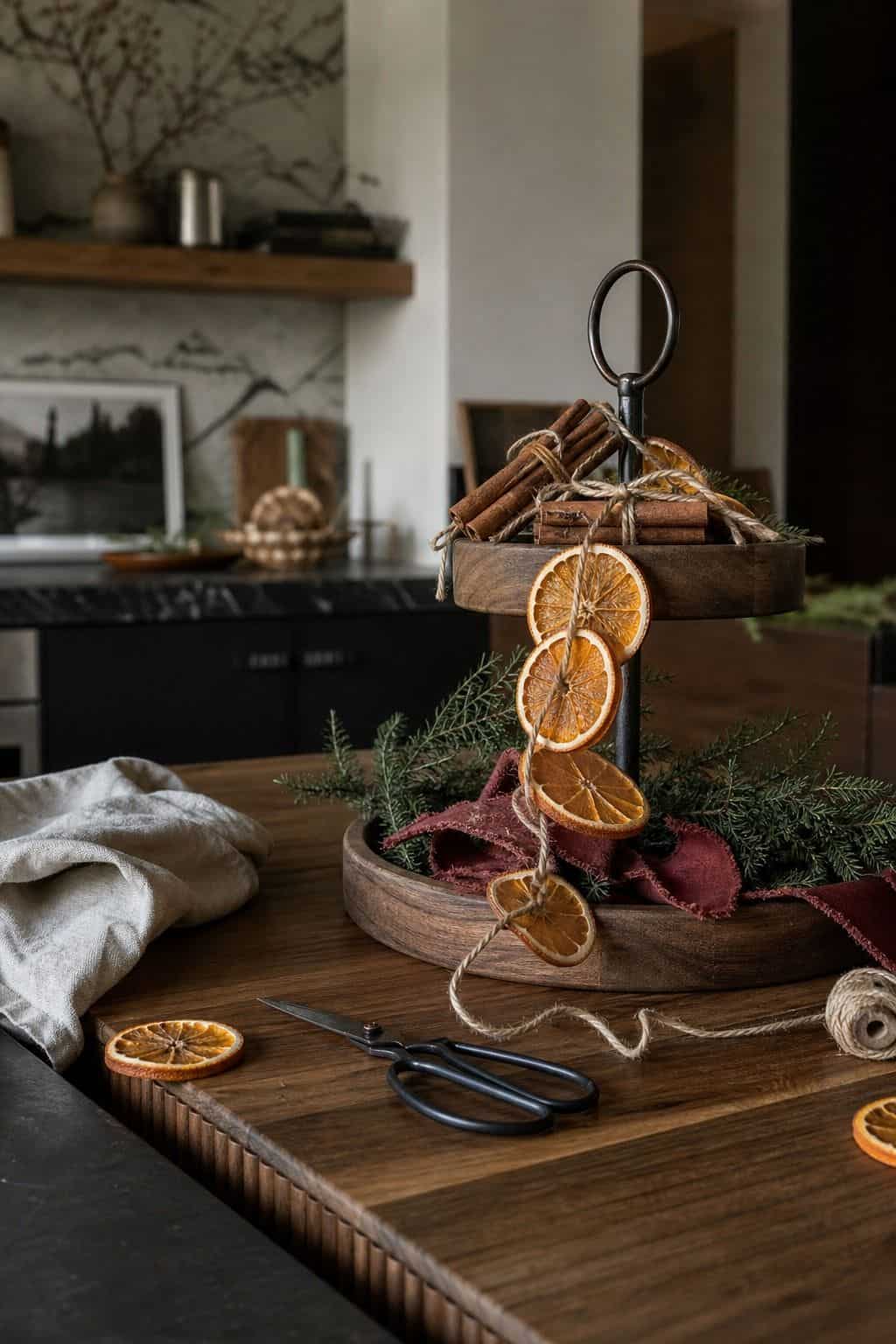Christmas tiered tray with cinnamon sticks, dried orange slices, twine, and greenery