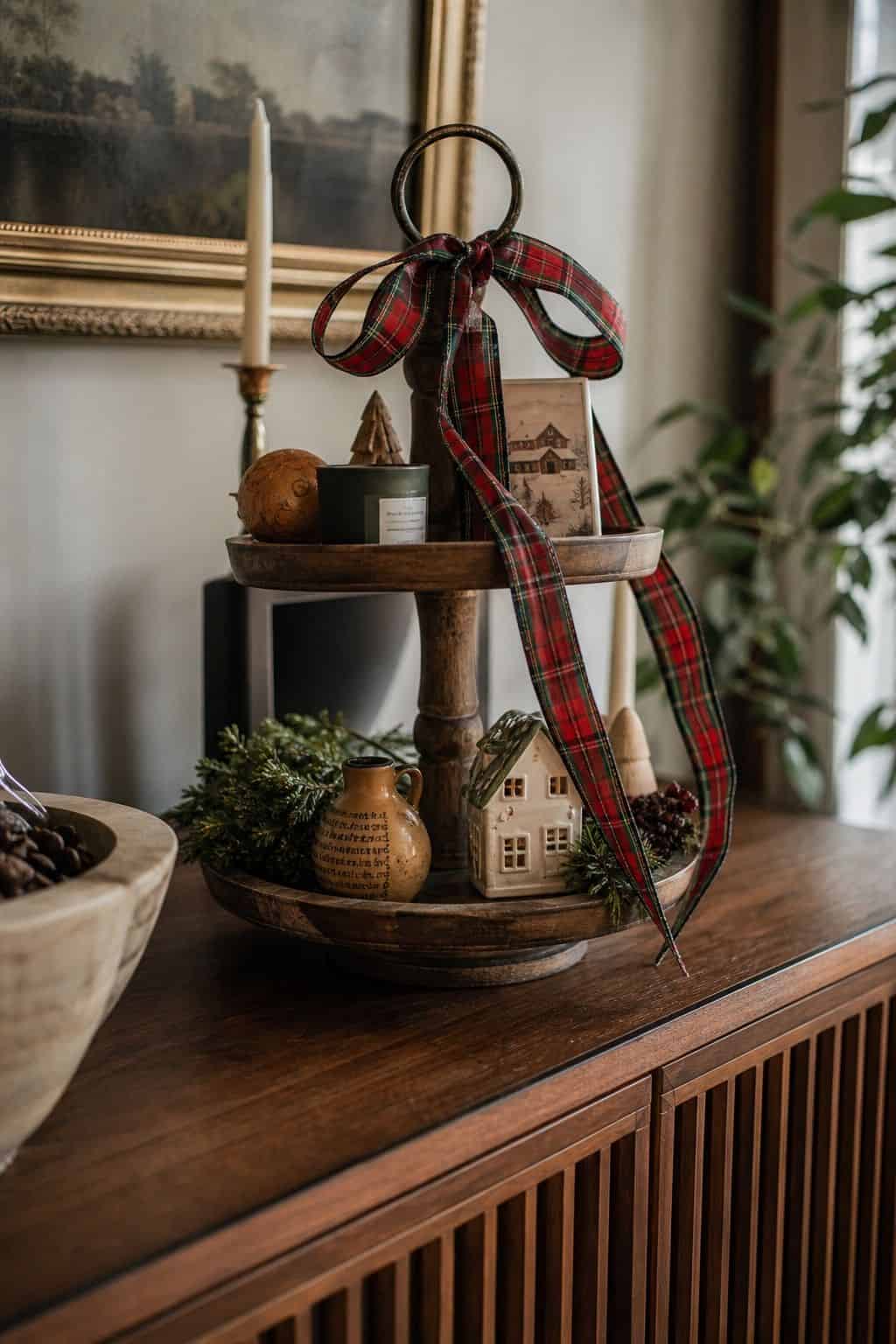 Christmas tiered tray with plaid ribbon bow, greenery, ornaments, and warm wood accents