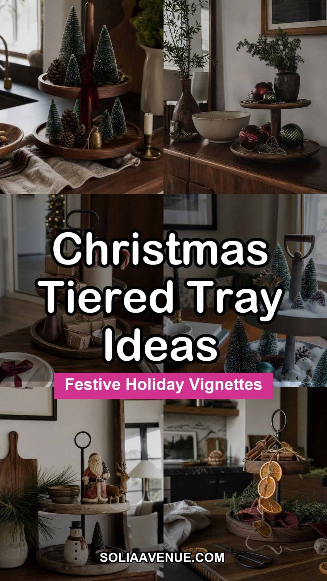Pinterest pin collage for Christmas tiered tray ideas with festive holiday tray vignettes