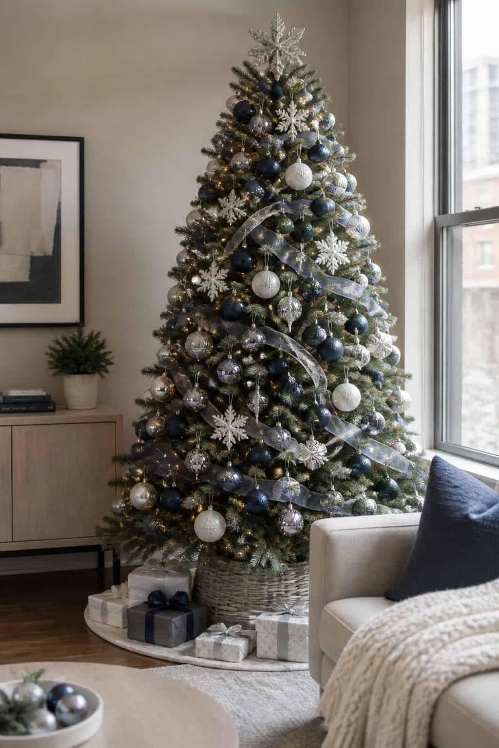 Or Choose Slate Blue Plus Silver Plus White small apartment idea for Top 17 Christmas Tree Decor Ideas for Small Apartments.